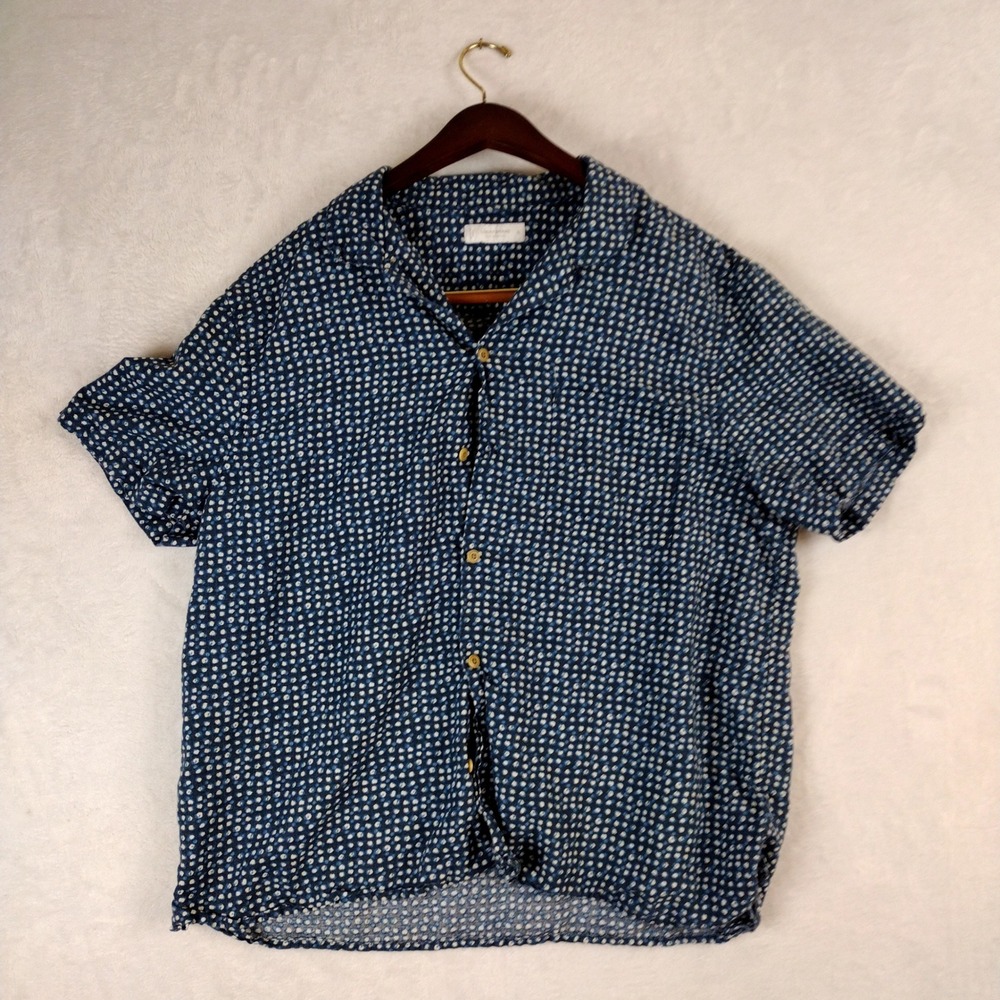 Lucky Brand Mens XL Blue White Dot Hemp Cotton Short Sleeve Camp Shirt